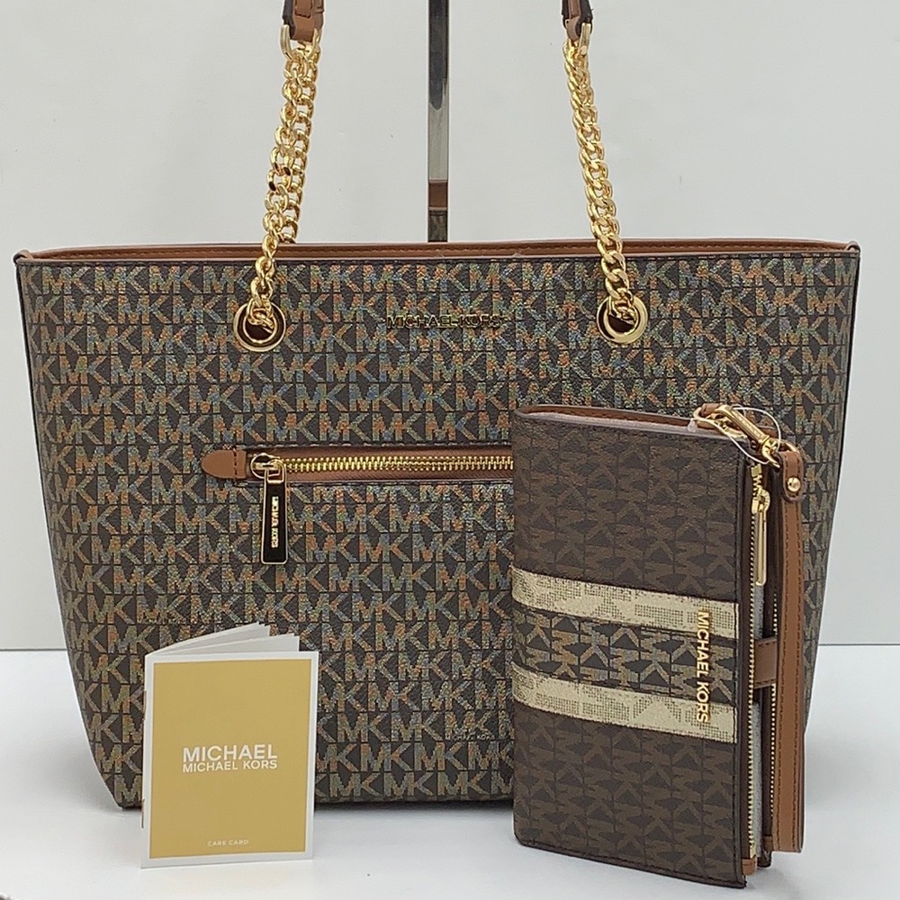 MICHAEL KORS Metallic Logo Chain Tote Bag & LARGE DOUBLE ZIP WRISTLET WALLET - Picture 13 of 16